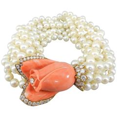 Cartier Coral Pearl Diamond Gold Torsade Bracelet