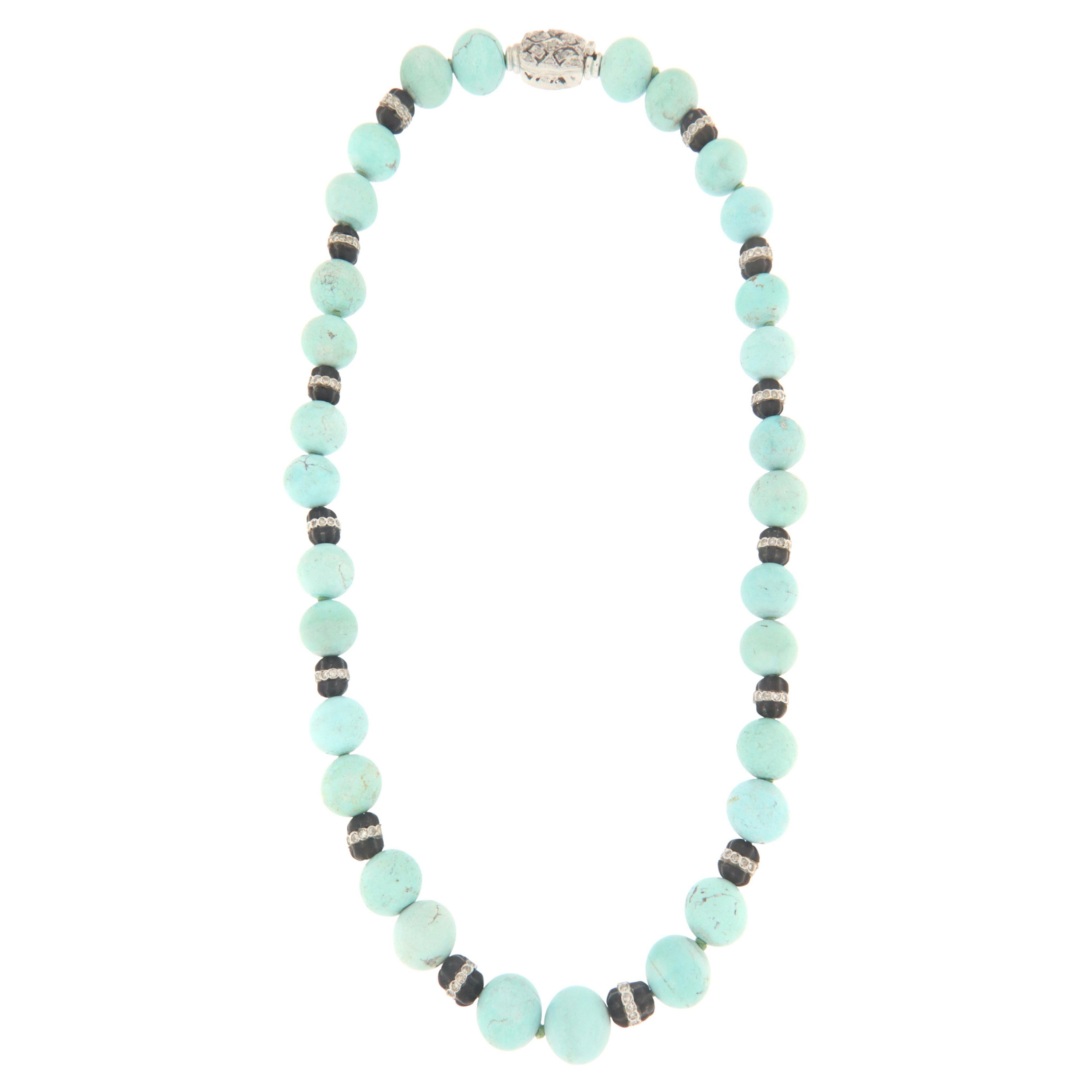 Handcraft Turquoise 18 Karat White Gold Diamonds Beaded Necklace For Sale