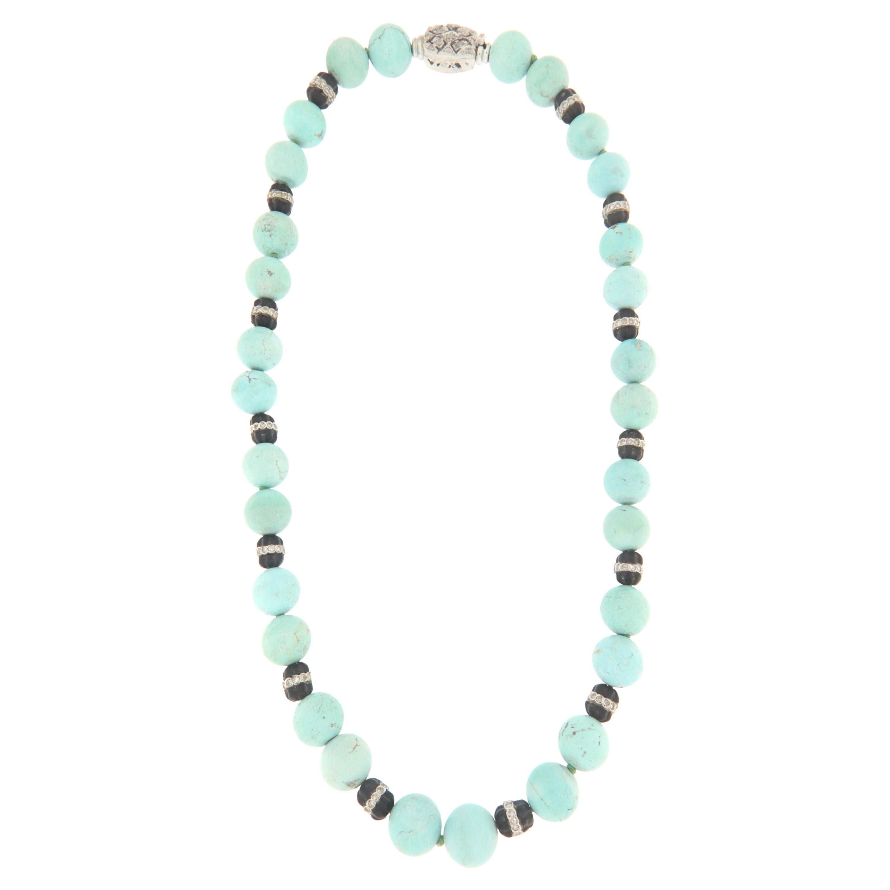 Collier de perles en or blanc 18 carats avec diamants et turquoises Handcraft