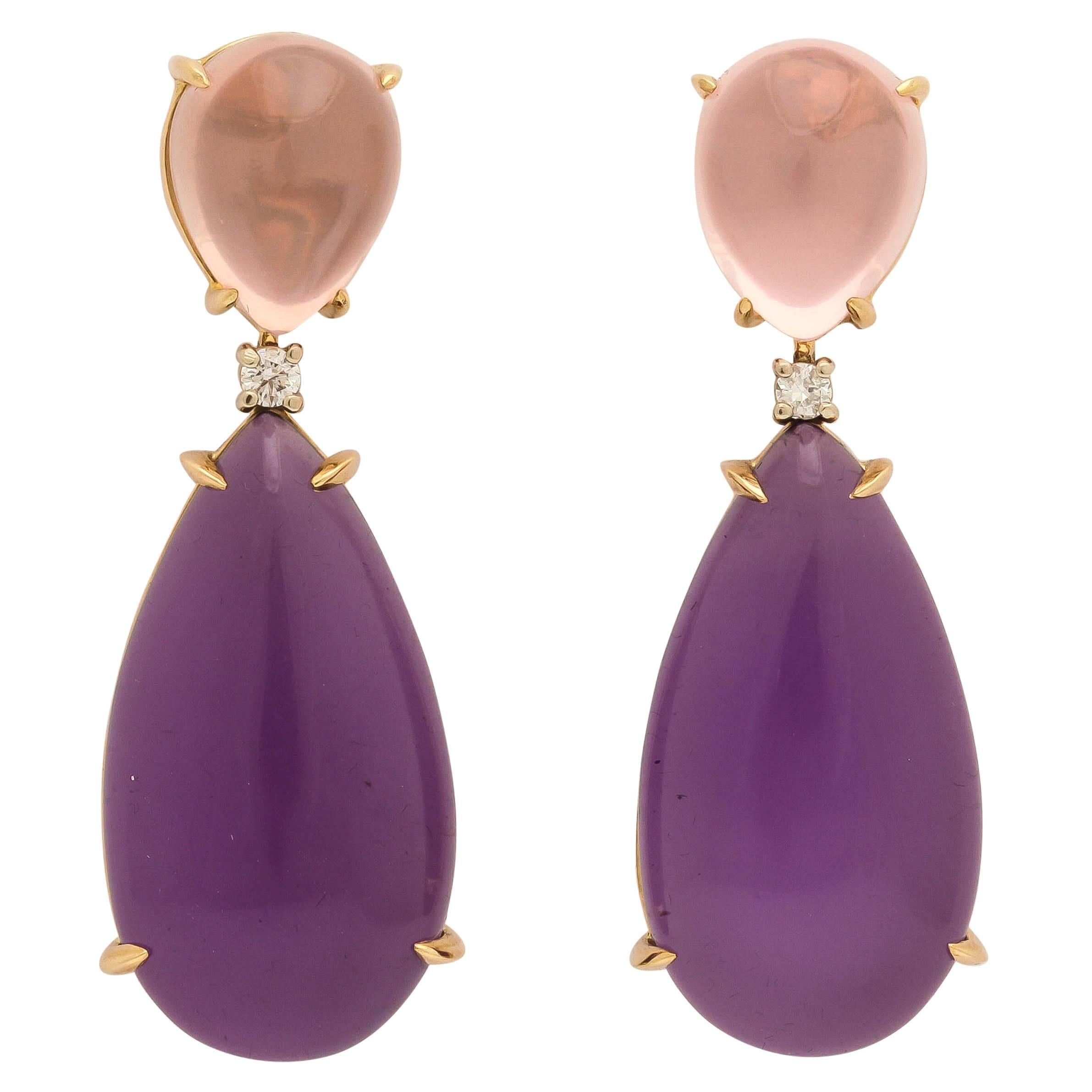 Faraone Mennella Couture Pink Quartz Amethyst Gold Drop Earrings For Sale