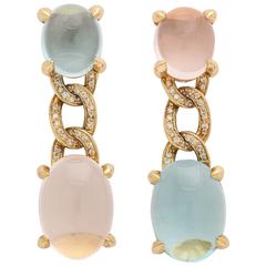 Faraone Mennella Blue Topaz Rose Quartz Diamond Gold Drop Earrings