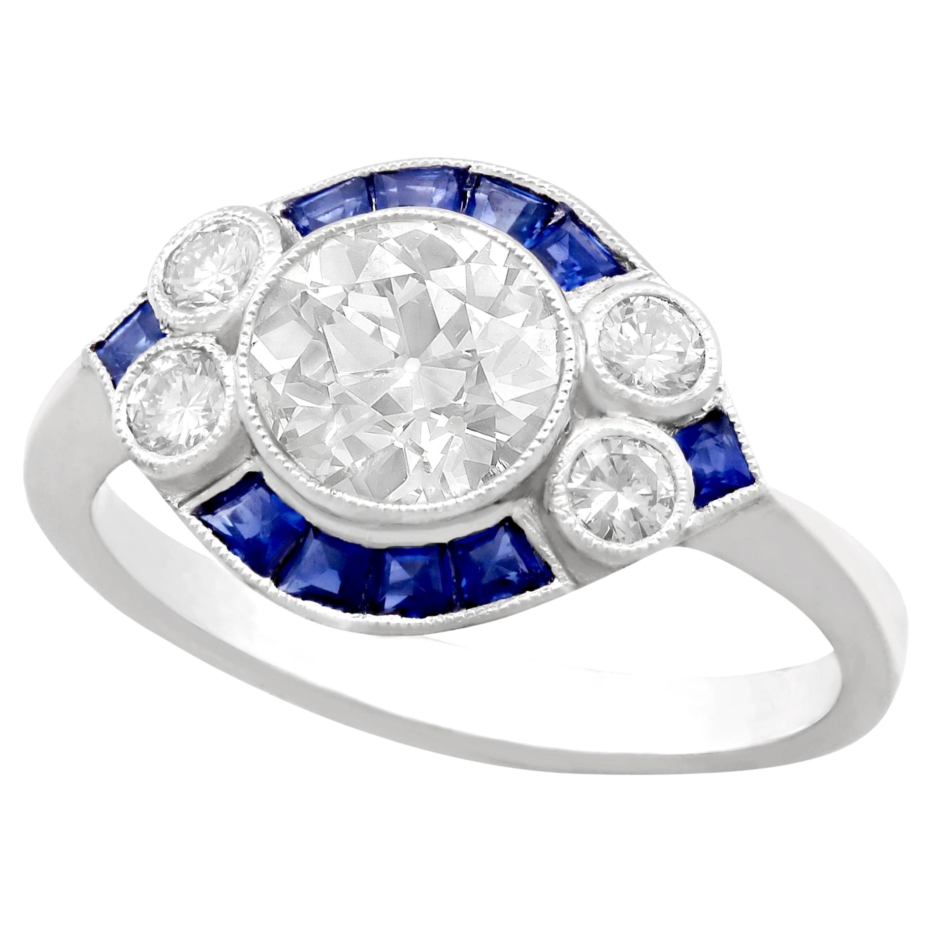 Antique and Contemporary 1.48 Carat Diamond and Sapphire Platinum Cocktail Ring For Sale