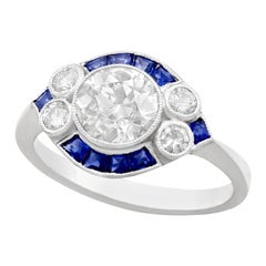 Art Deco Style 1.48 Carat Diamond and 0.46 Carat Sapphire, Platinum Dress Ring