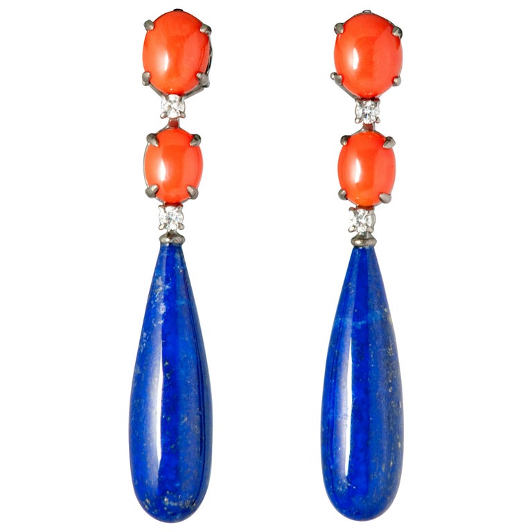 Coral Lapis Lazuli Diamonds Chandelier Earrings For Sale at 1stDibs