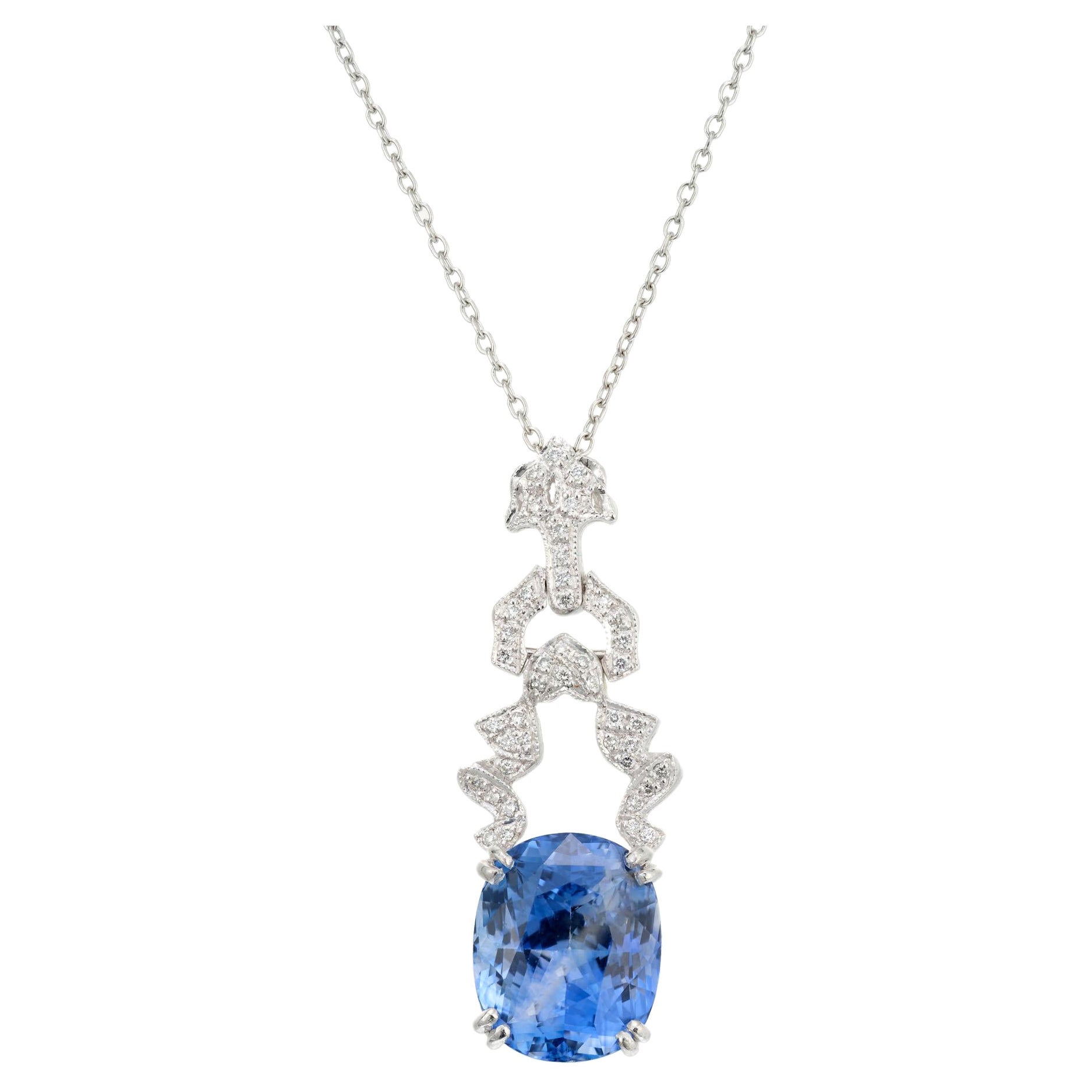 GIA 6.65 Carat Oval Sapphire Diamond Art Deco Platinum Pendant Necklace For Sale