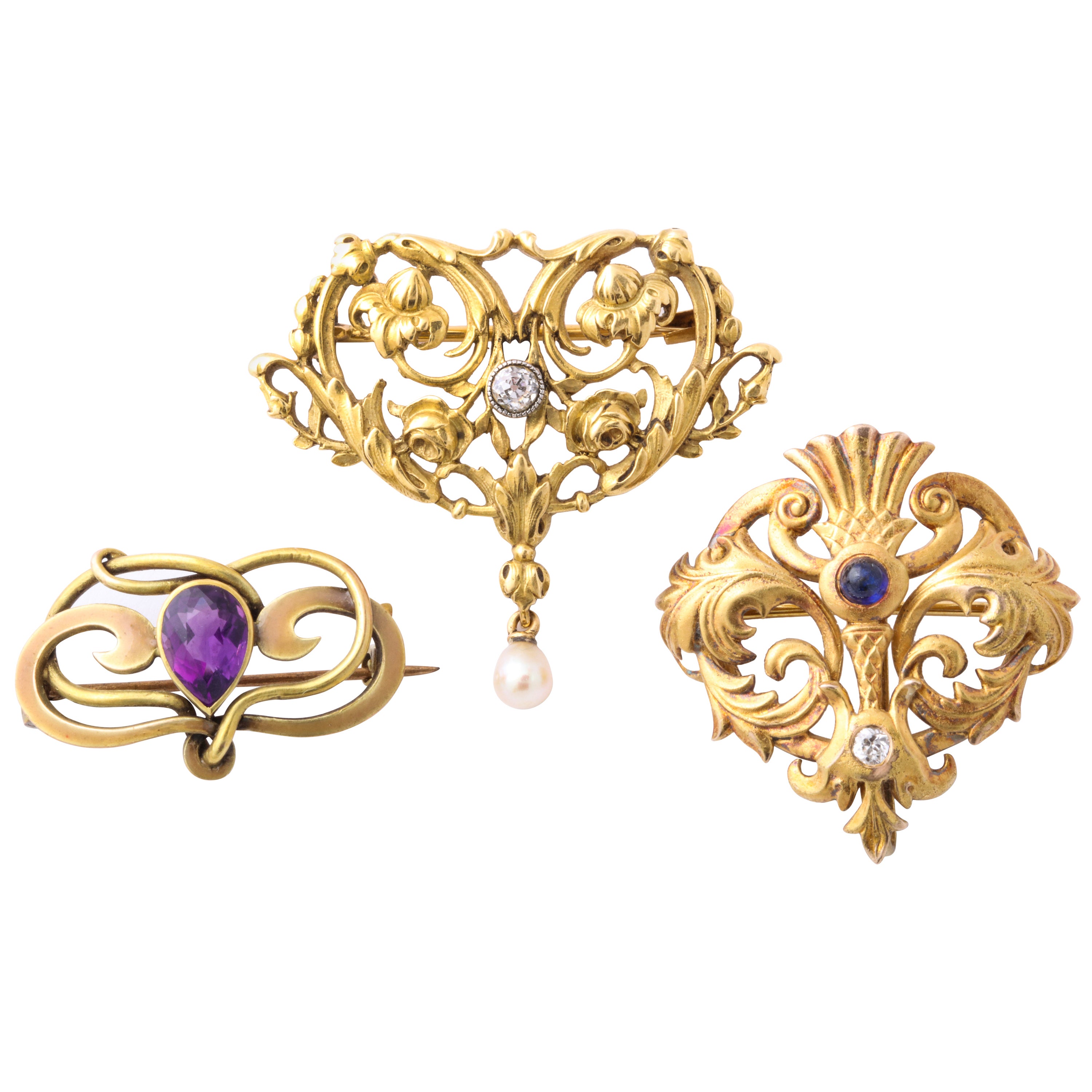 Art Nouveau Golden Brooch with Decorative Stones For Sale at 1stDibs
