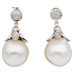 Superb Vintage Large Salt Water Pearl 1.0 Carat Diamond Rare Earrings