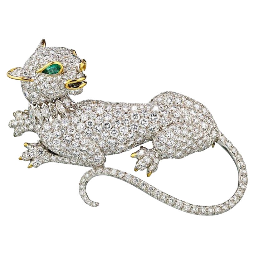 David Webb Platinum Diamond And Emerald Panther Pin Brooch For Sale