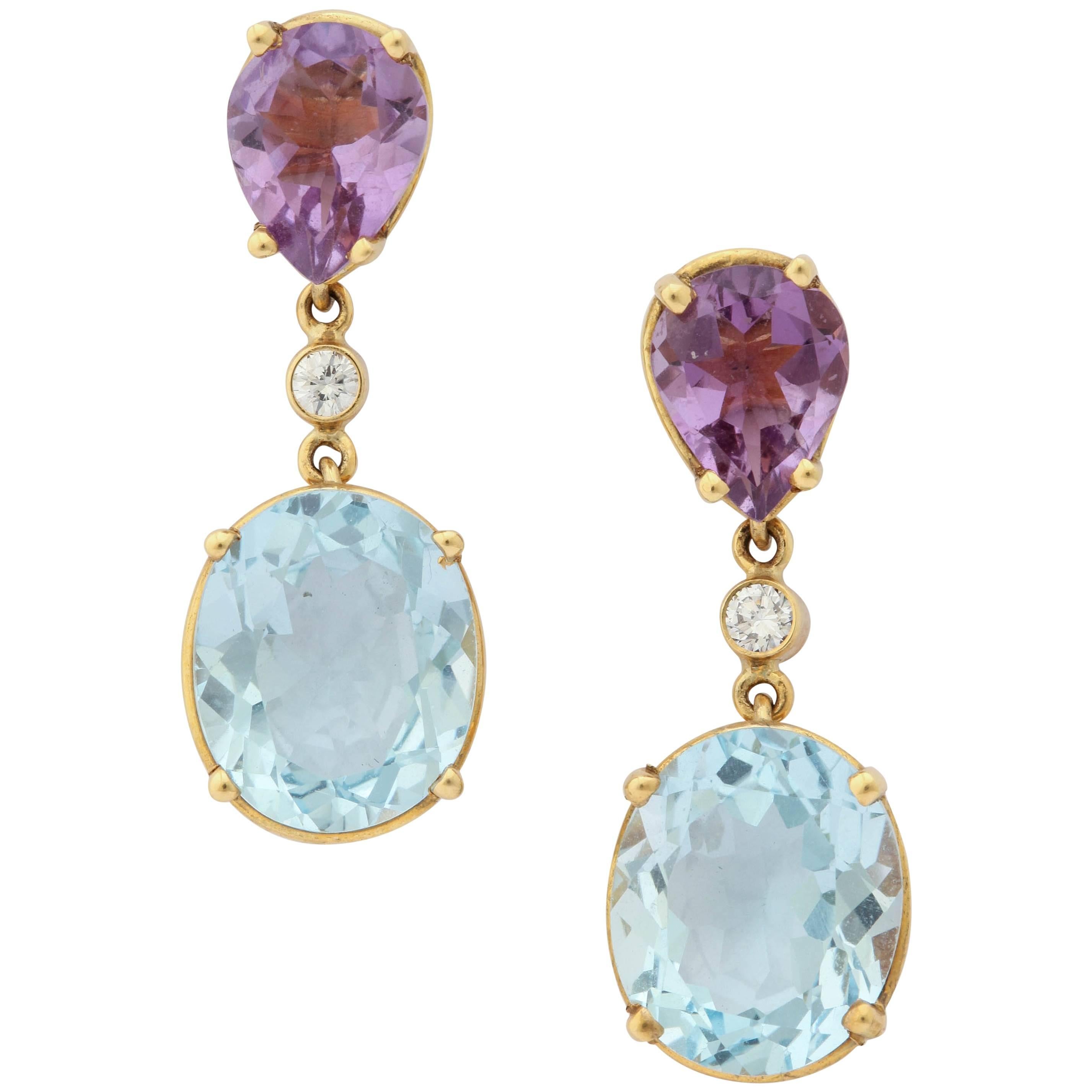 Charming Amethyst Blue Topaz Gold Drop Earrings For Sale