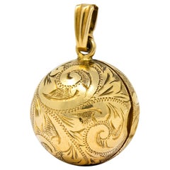 British Victorian 9 Karat Yellow Gold Engraved Ball Locket Pendant