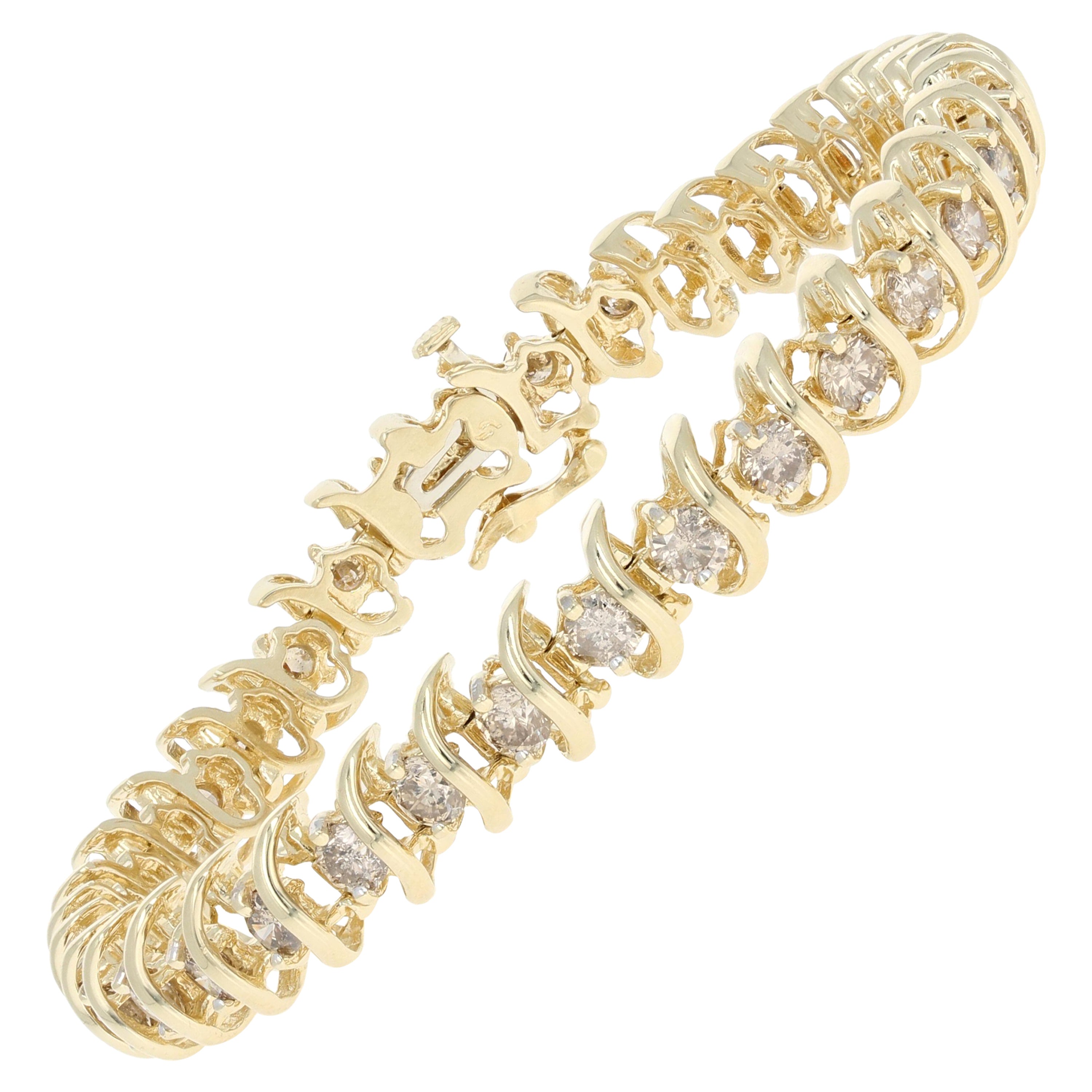 Yellow Gold Diamond Cluster Link Bracelet, 10 Karat Round Brilliant 5.