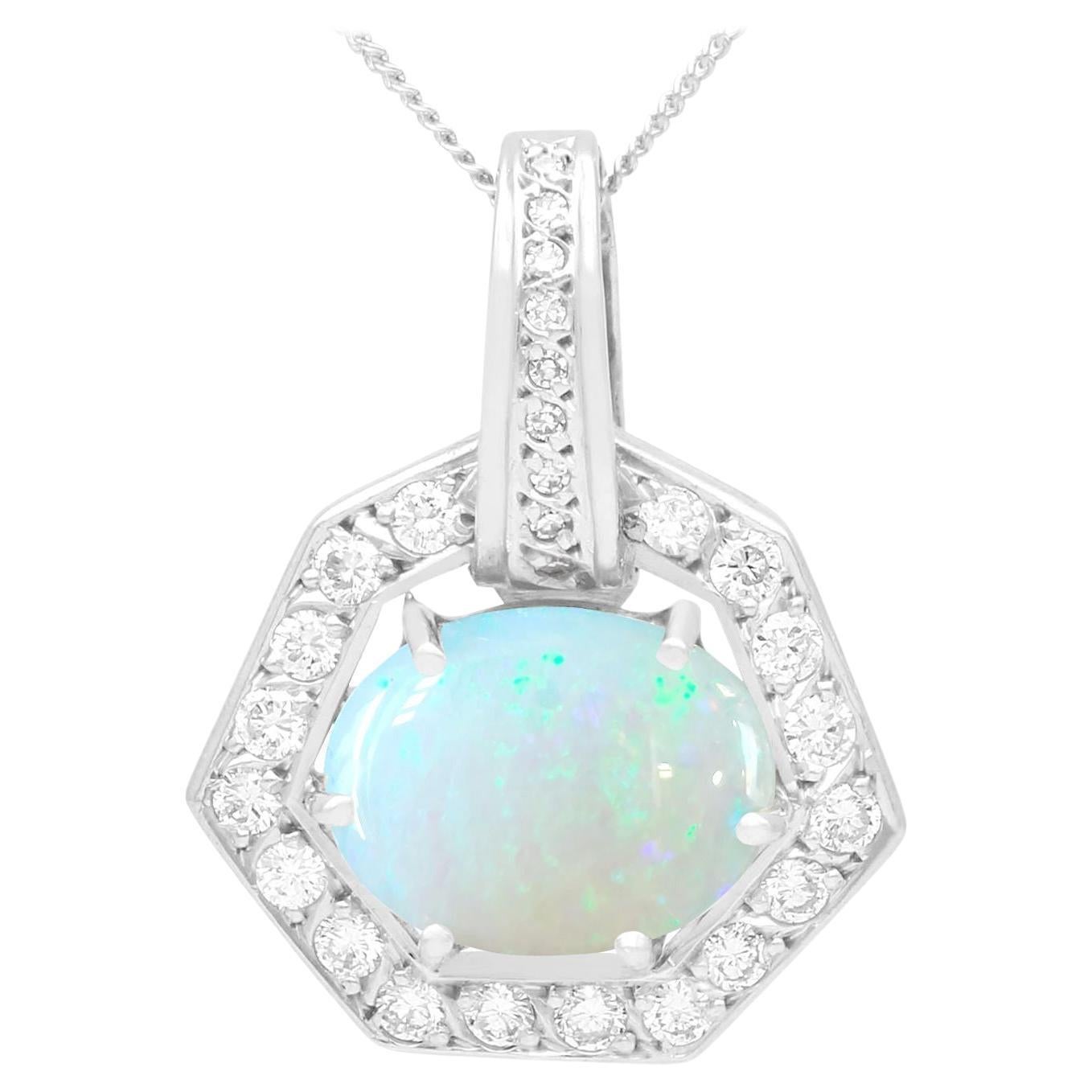 Vintage 1960s 1.65 Carat Cabochon Cut Opal Diamond 18k White Gold Pendant For Sale