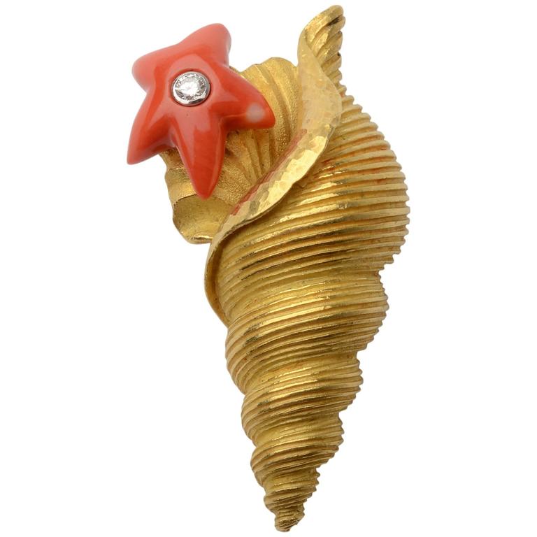 Cartier France Coral Diamond Gold Seashell with Starfish Brooch at 1stDibs