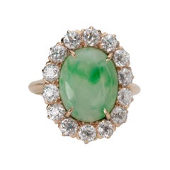 Antique Late Victorian Green Jade Yellow Gold Ring w/ Old Mine Cut Diamond Halo