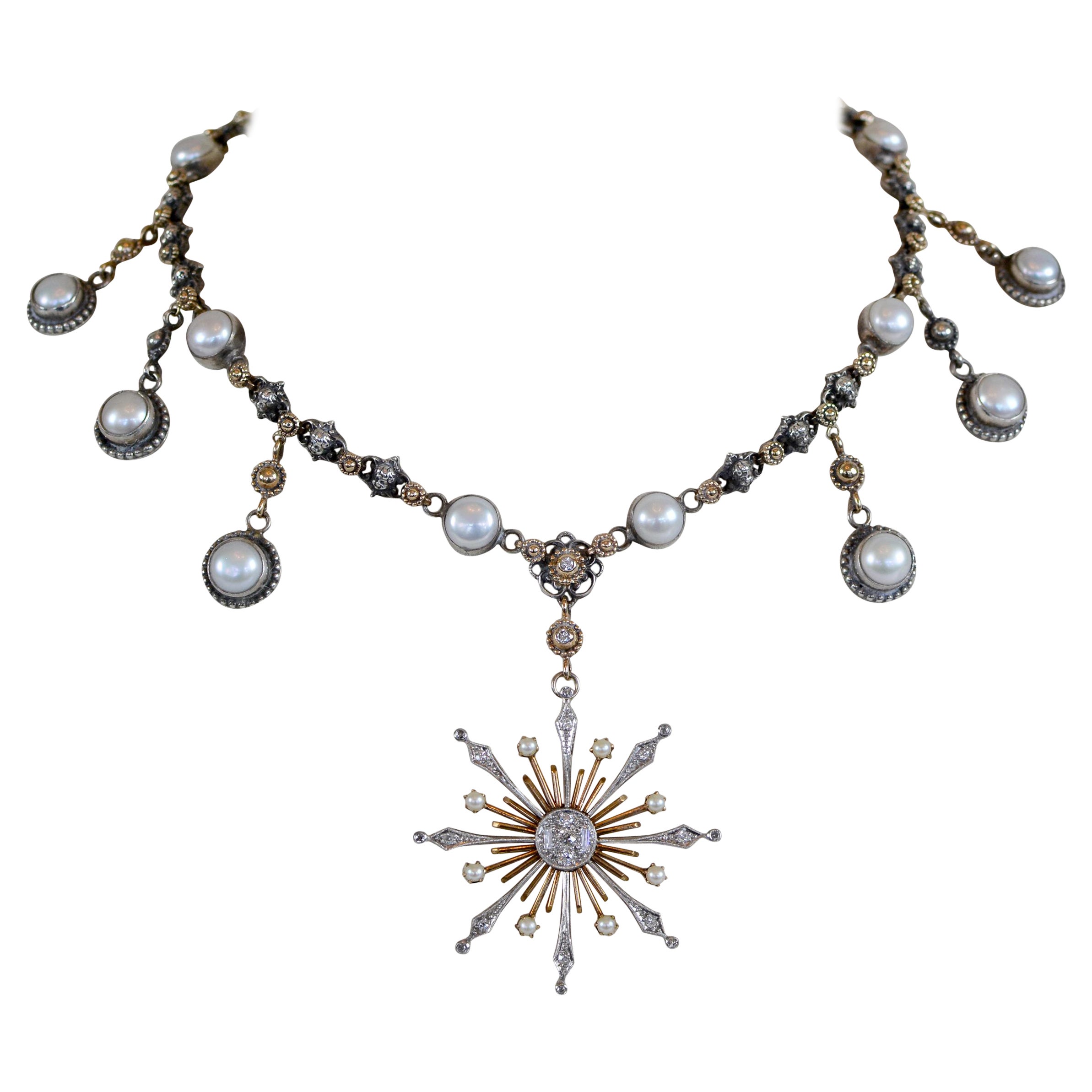 Jill Garber Diamond and Pearl Starburst Drop Necklace - 14 kt. Gold and Silver For Sale