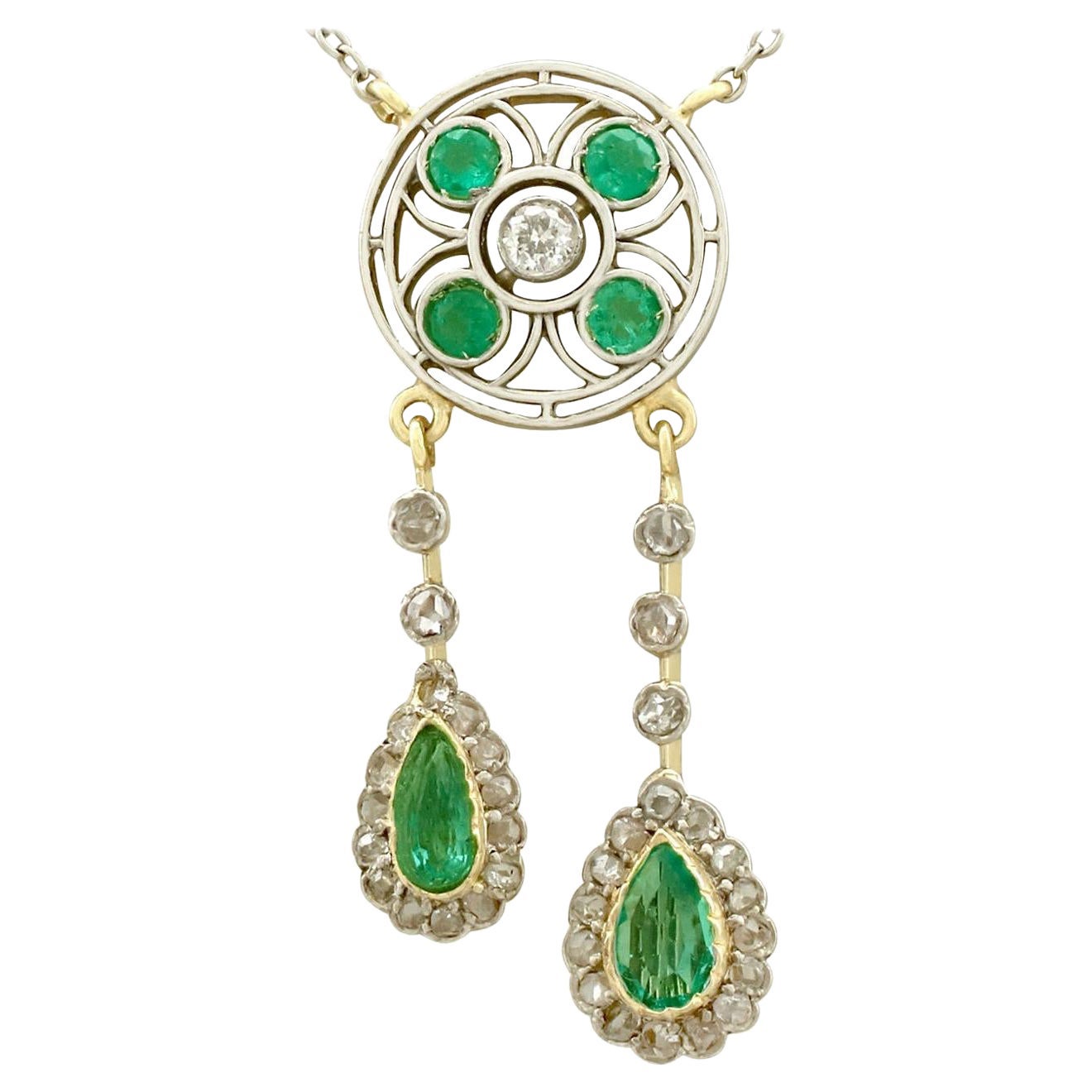 Antique 1.32 Carat Emerald Diamond Yellow Gold Necklace For Sale