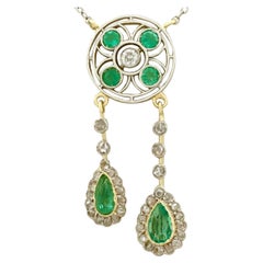 Antique 1.32 Carat Emerald Diamond Yellow Gold Necklace