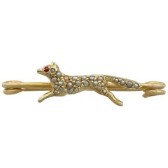 Antique Seed Pearl and Ruby Yellow Gold Fox Brooch
