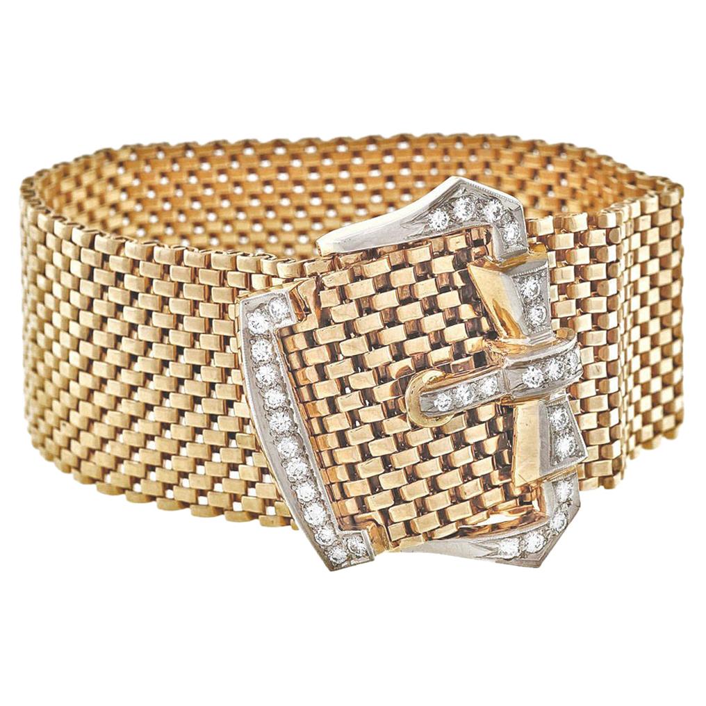 .80 Carat Diamond Gold Mesh Art Deco Buckle Bracelet