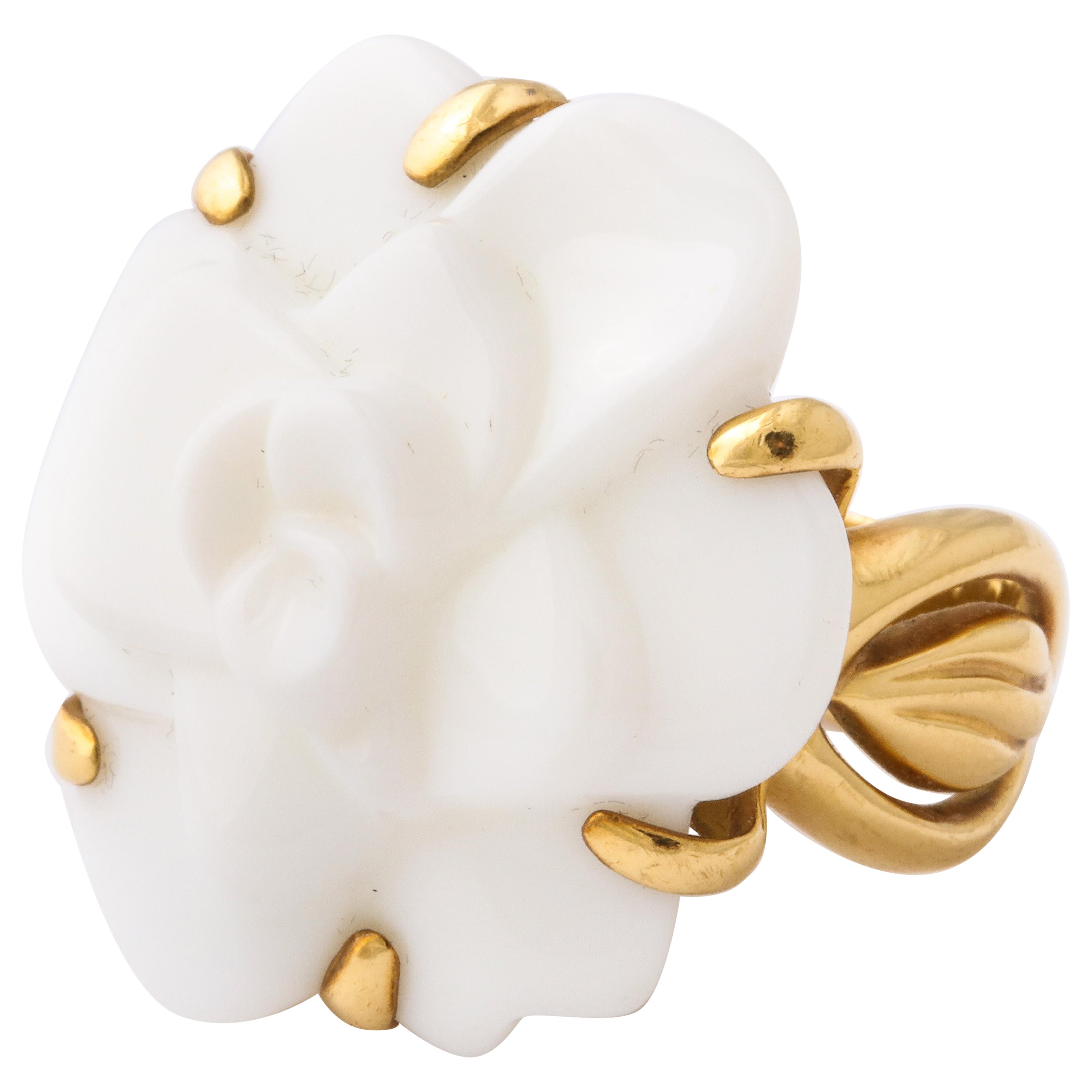 Chanel Carved White Agate Gold Camelia Flower Ring