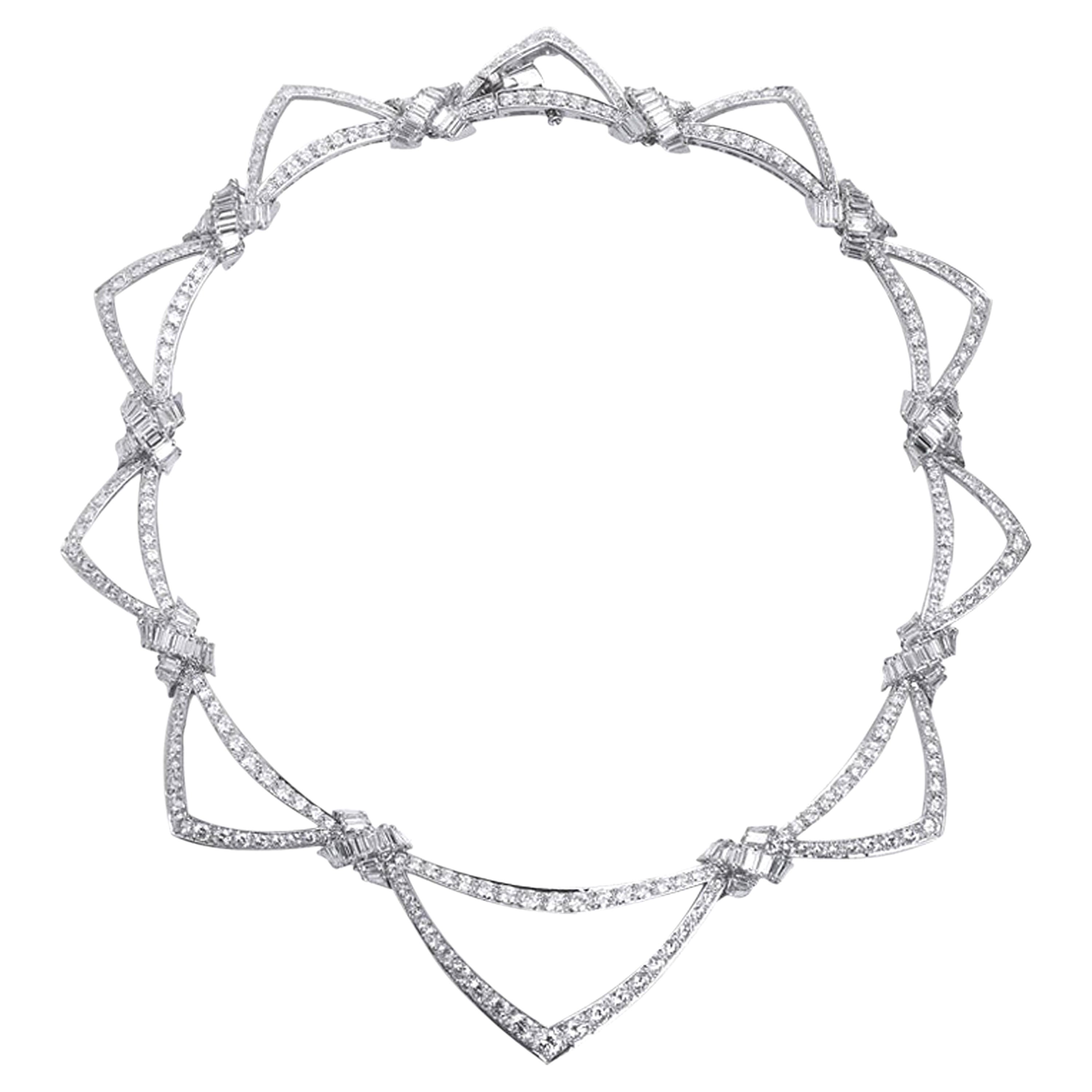 French Diamond Gold Drape Style Necklace, 18 Karat White Gold For Sale