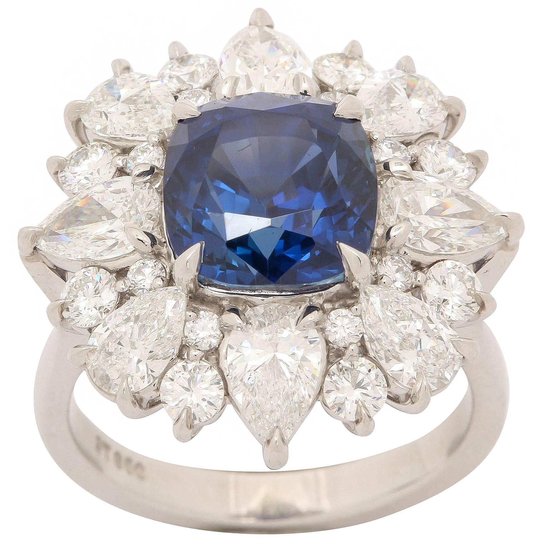 Unheated GIA Cert 5.98 Carat Burmese Sapphire Diamond Platinum Ring For Sale