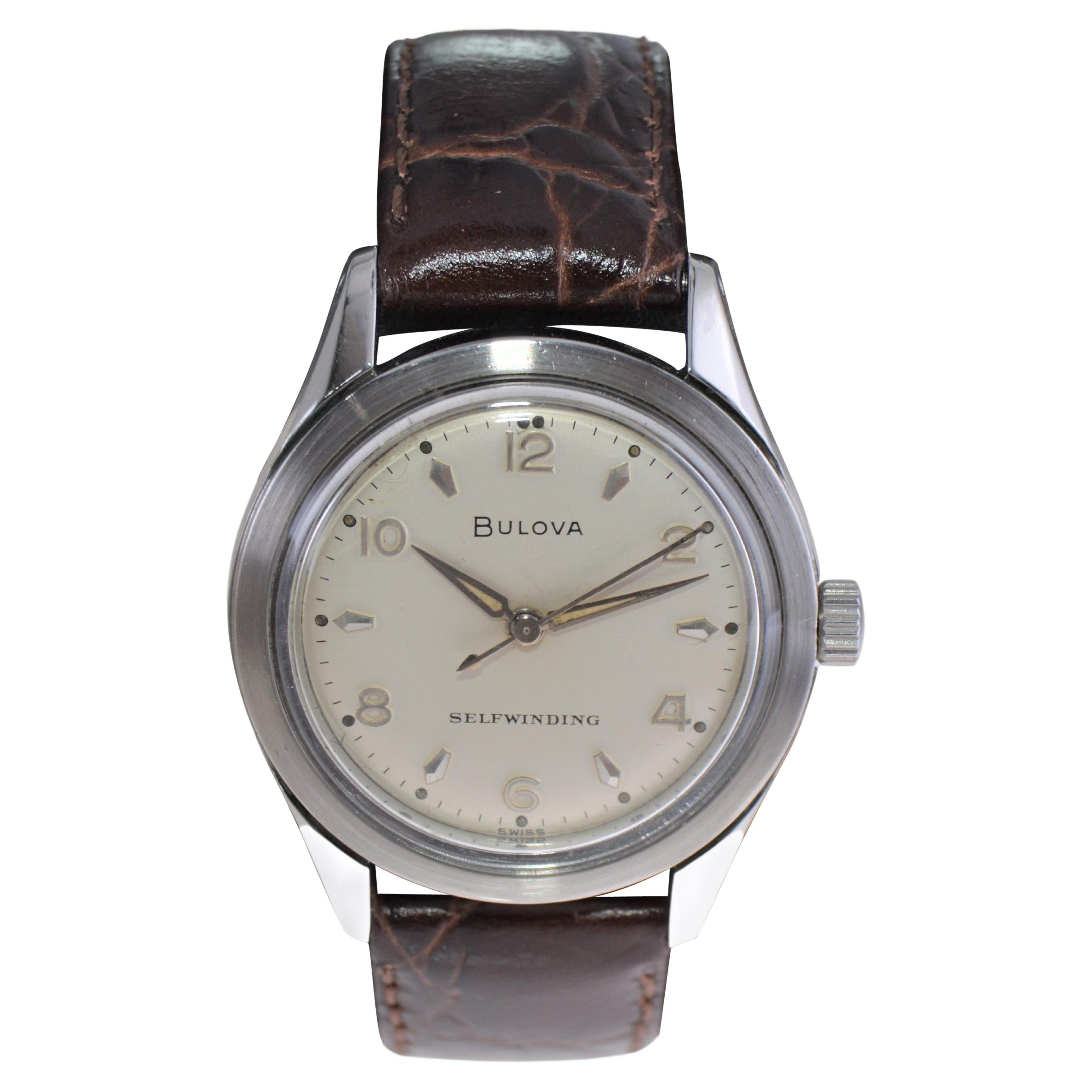 Bulova Steel Art Deco Style Round Wristwatch, circa 1960s with Original Dial For Sale
