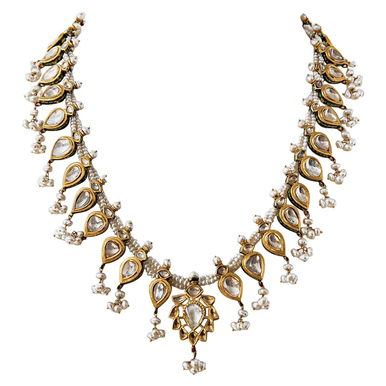 Indian Pearl Necklace with Suspended Gold Pendants, Champakali For Sale