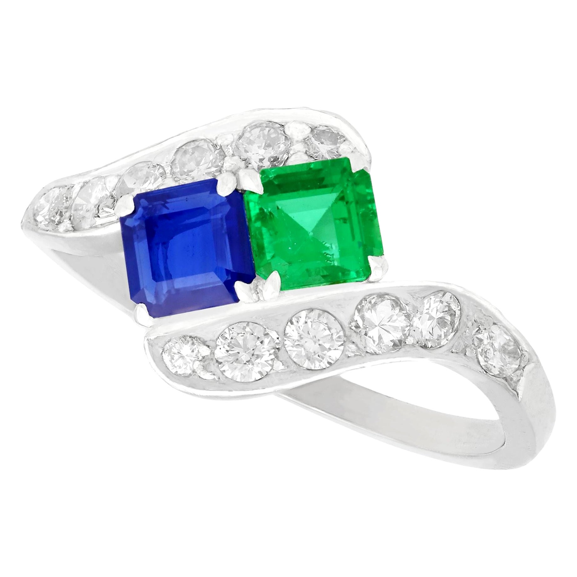 Vintage 1950s Sapphire and Emerald Diamond and Platinum Twist Ring For Sale