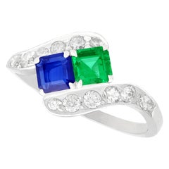 Vintage 1950s Sapphire and Emerald Diamond and Platinum Twist Ring