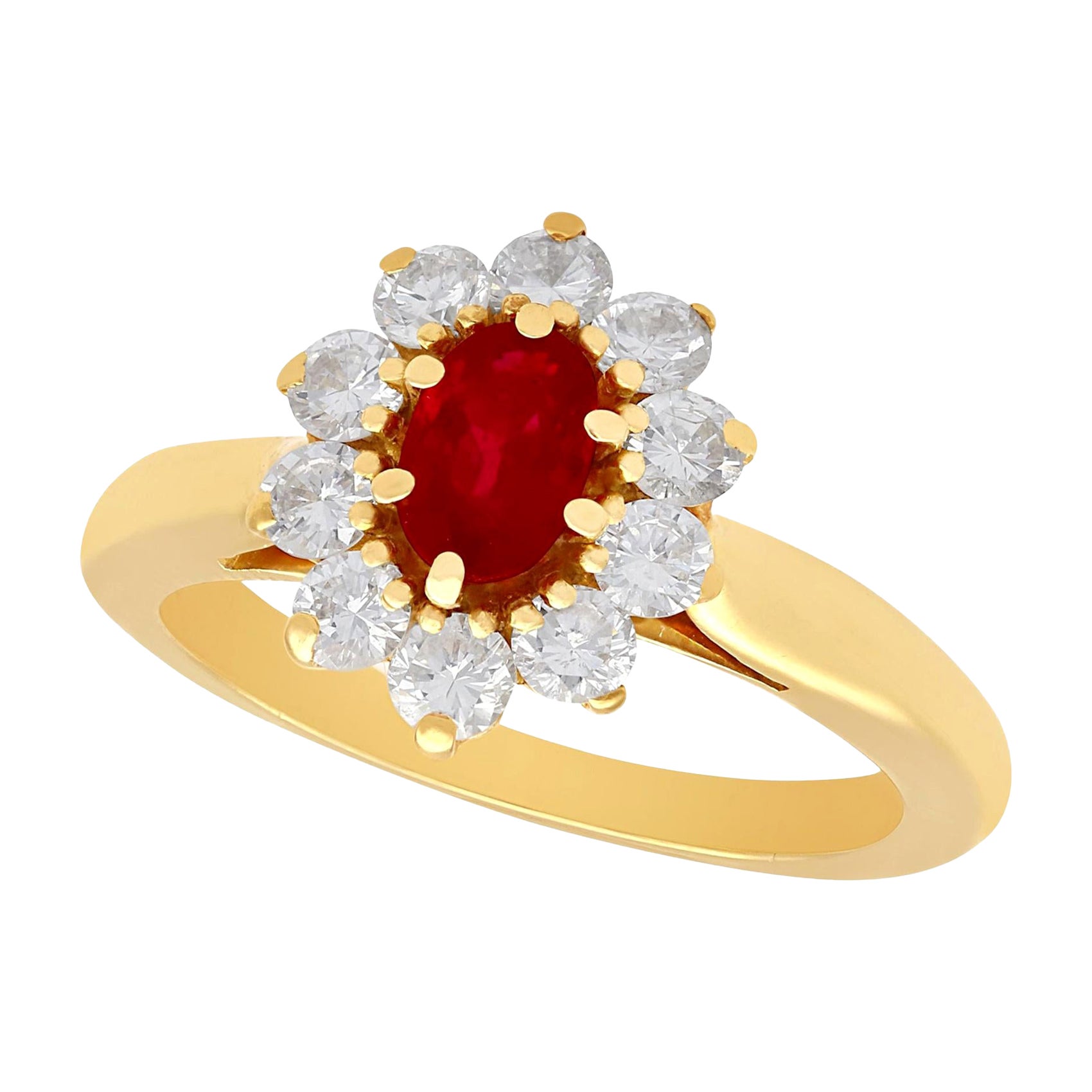 Vintage 1980s Ruby and Diamond Yellow Gold Cluster Ring For Sale