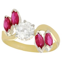 Antique 1.05 Carat Diamond and Ruby Yellow Gold Cocktail Ring