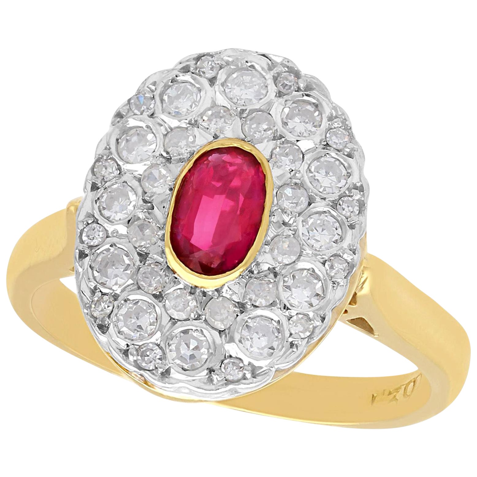 Vintage 1950s Oval Cut Ruby and Diamond 18K Yellow Gold Cluster Ring