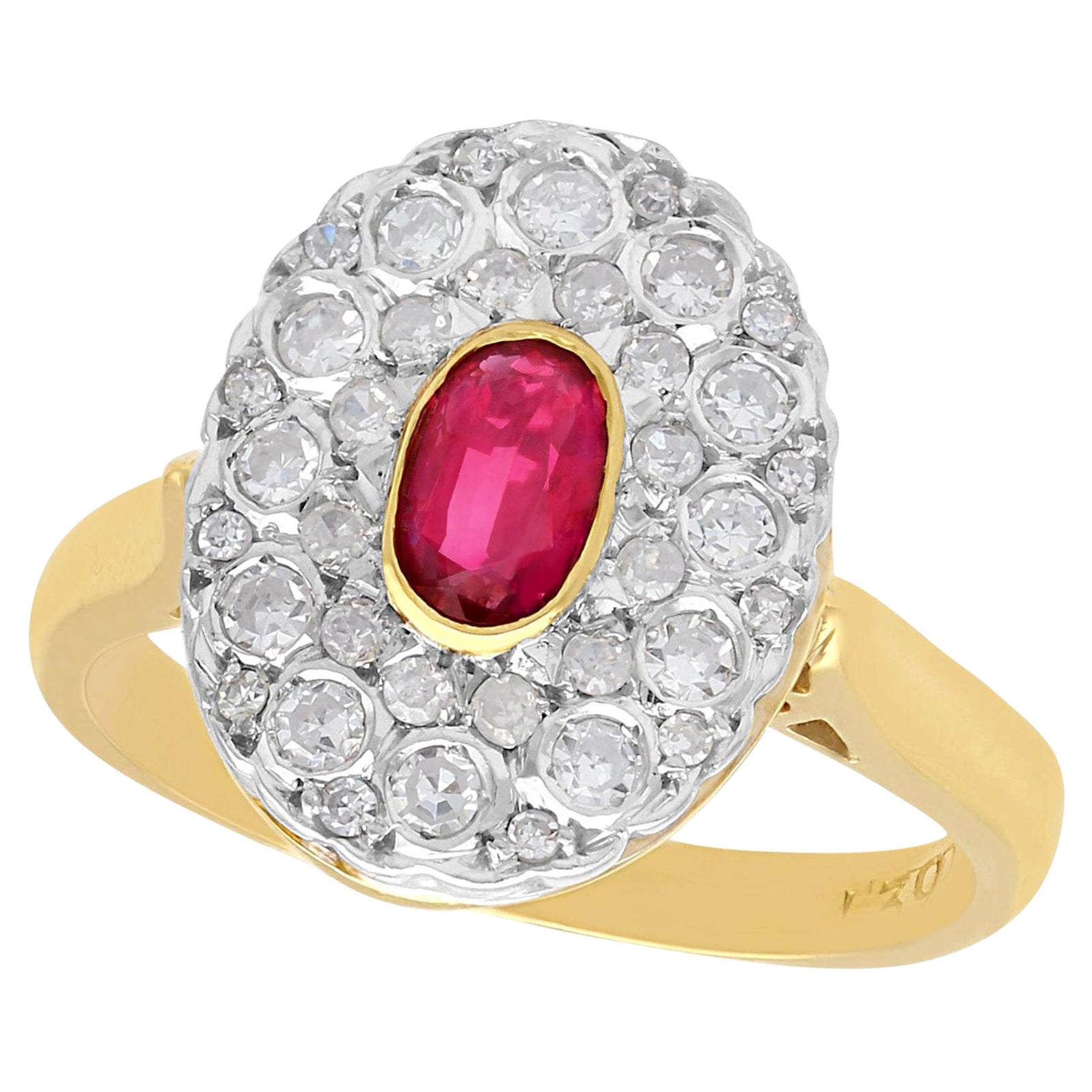 Vintage 1950s Oval Cut Ruby and Diamond 18k Yellow Gold Cluster Ring For Sale