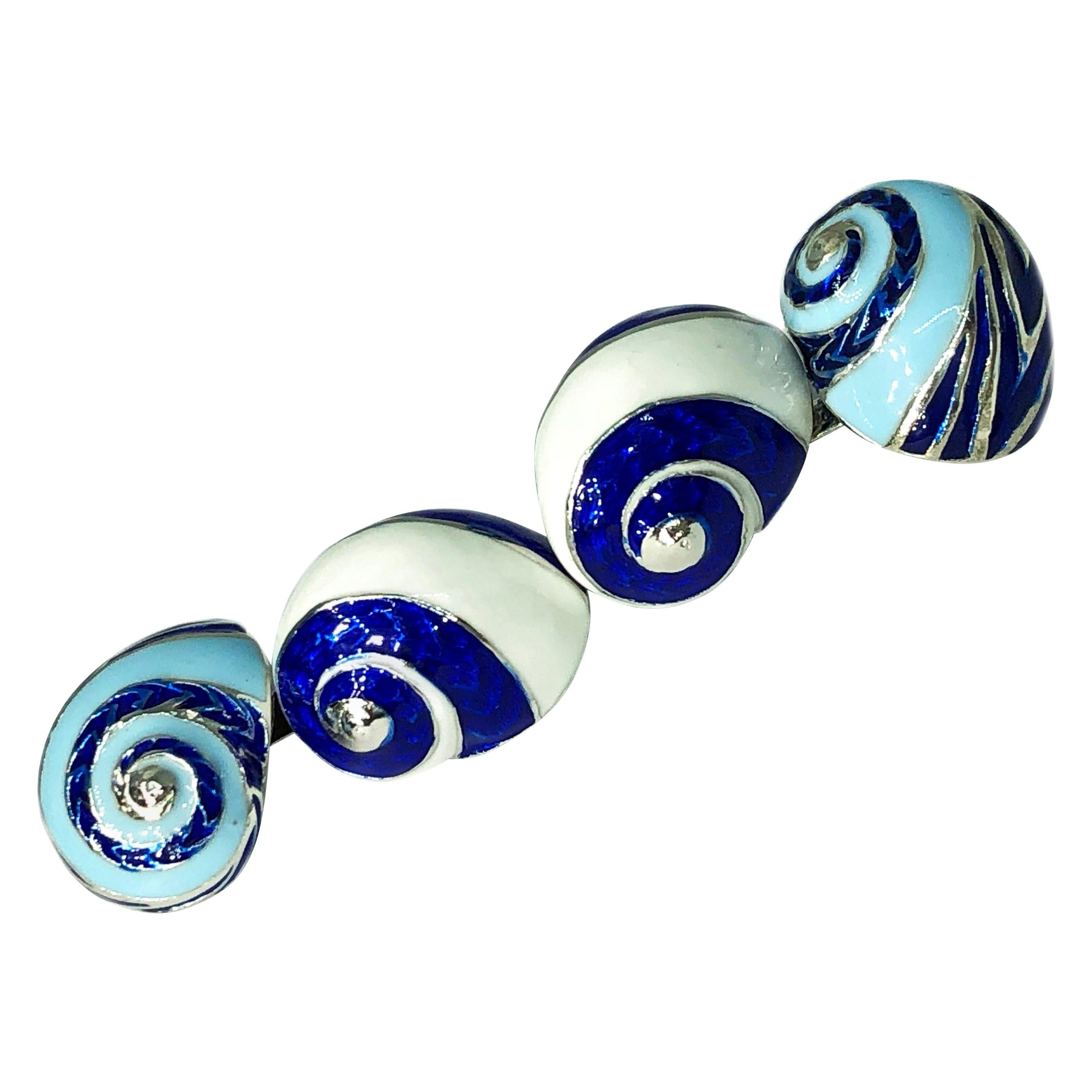 Berca Blue White Light Blue Enamelled Seashell Shaped Sterling Silver Cufflinks For Sale