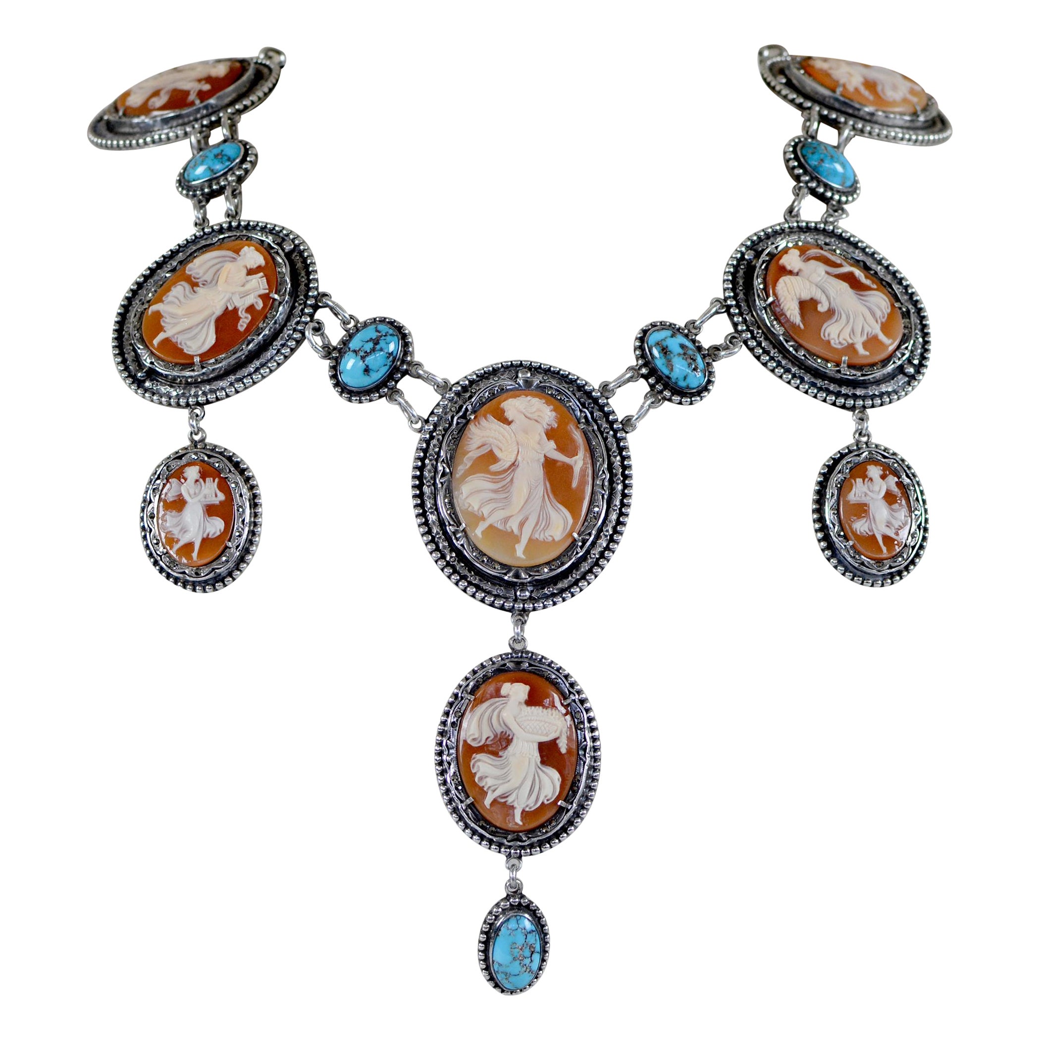 Jill Garber 19th. C. Terpsichore Cameo Suite Necklace with Persian Turquoise  For Sale