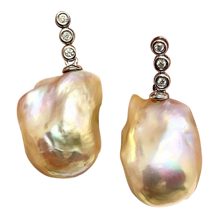 Diamond Baroque Fresh Water Yellow Pearl Earrings 14k Gold Certified ...