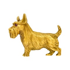 Vintage Scottish Terrier 14 Karat Yellow Gold Ruby Brooch, circa 1940