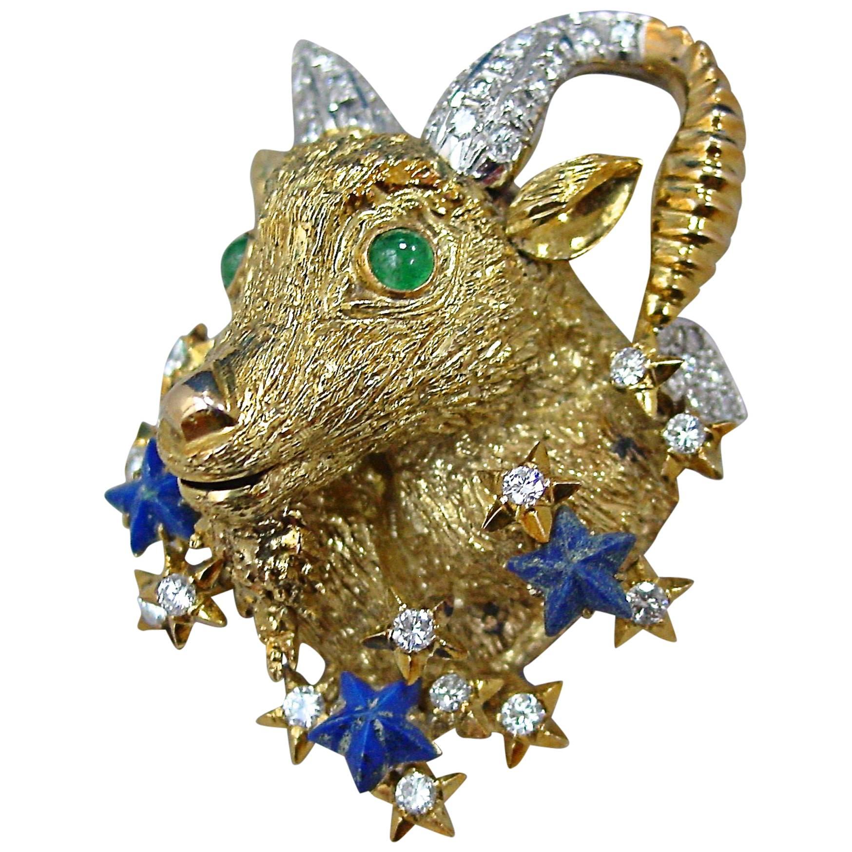 Capricorn Gold & Diamond Brooch and Pendant For Sale