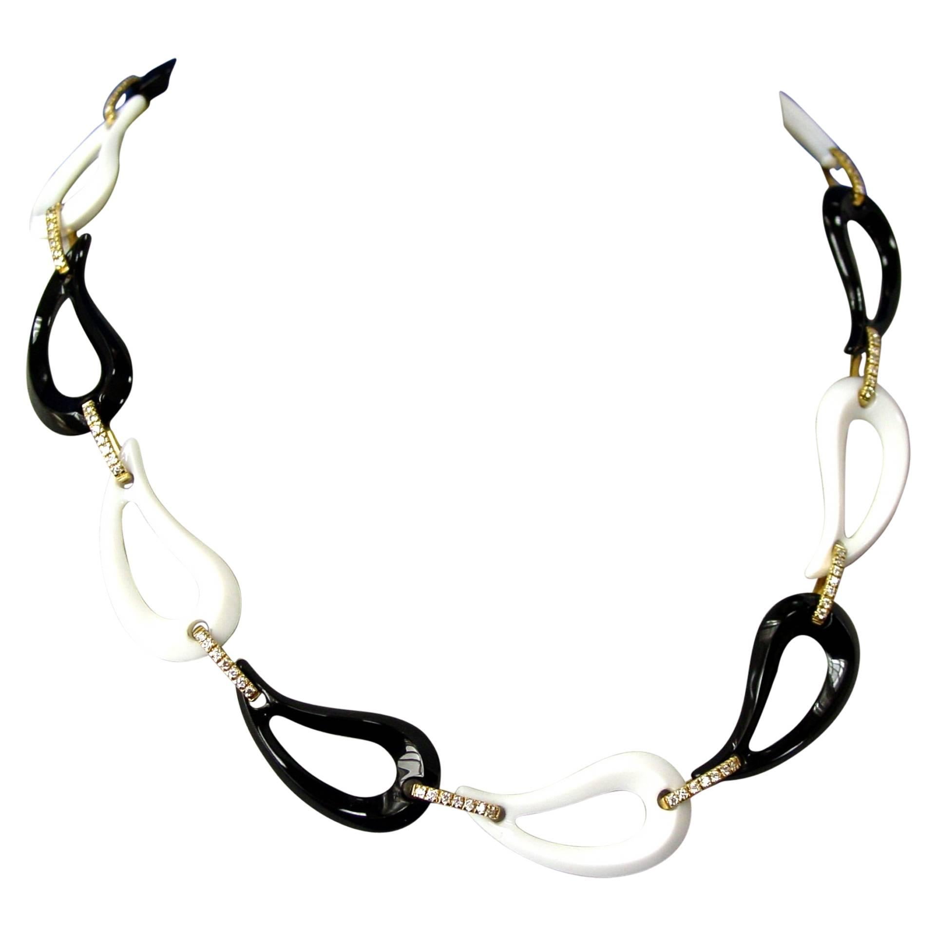 Onyx White Agate Diamond Gold Link Necklace