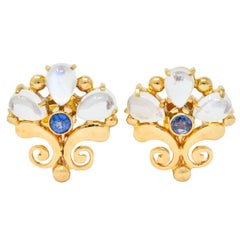 Tiffany & Co. Vintage Moonstone Sapphire 14 Karat Gold Screw Back Earrings, 1940s