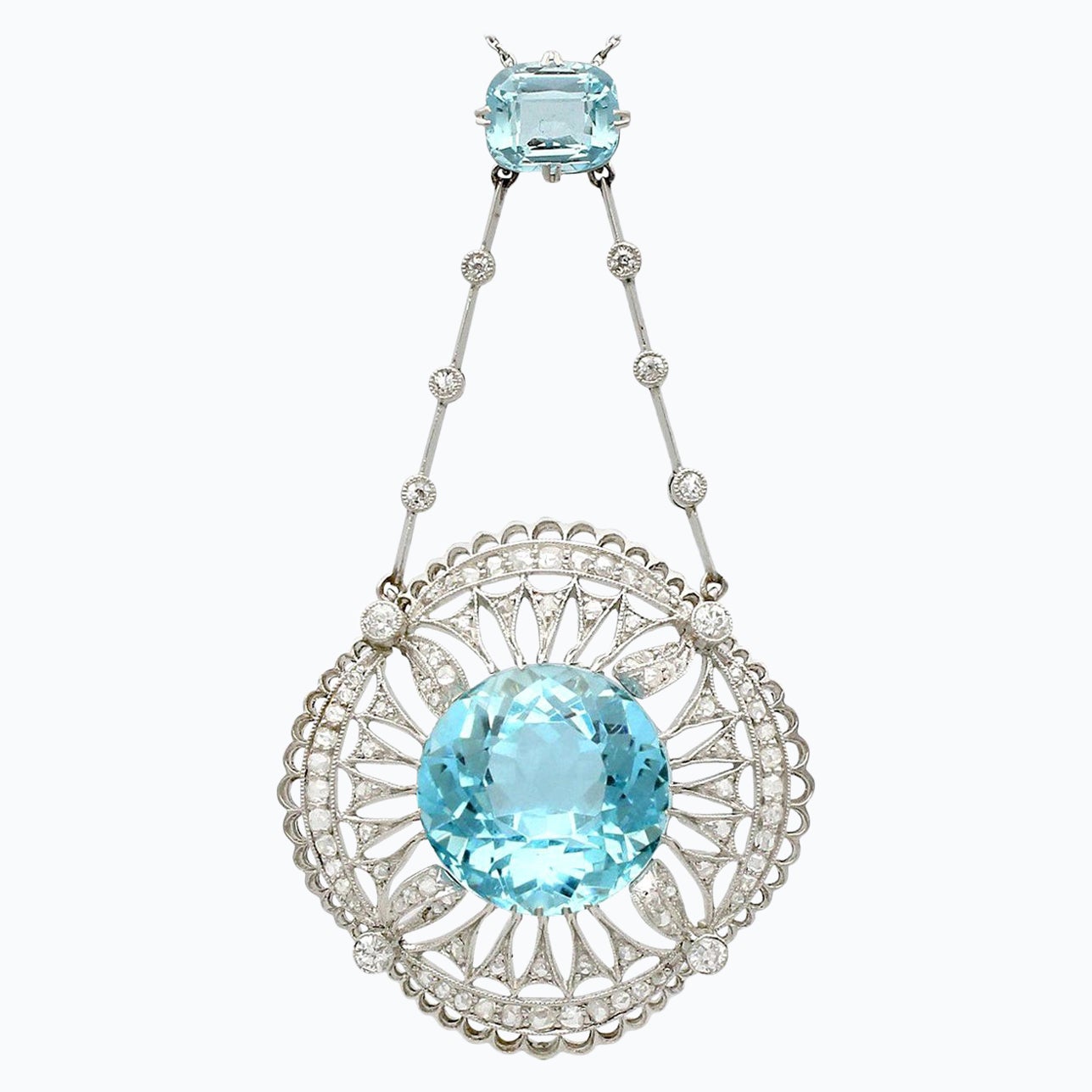 Antique 10.97 Carat Aquamarine, Topaz and Diamond Platinum Necklace (1920s) For Sale