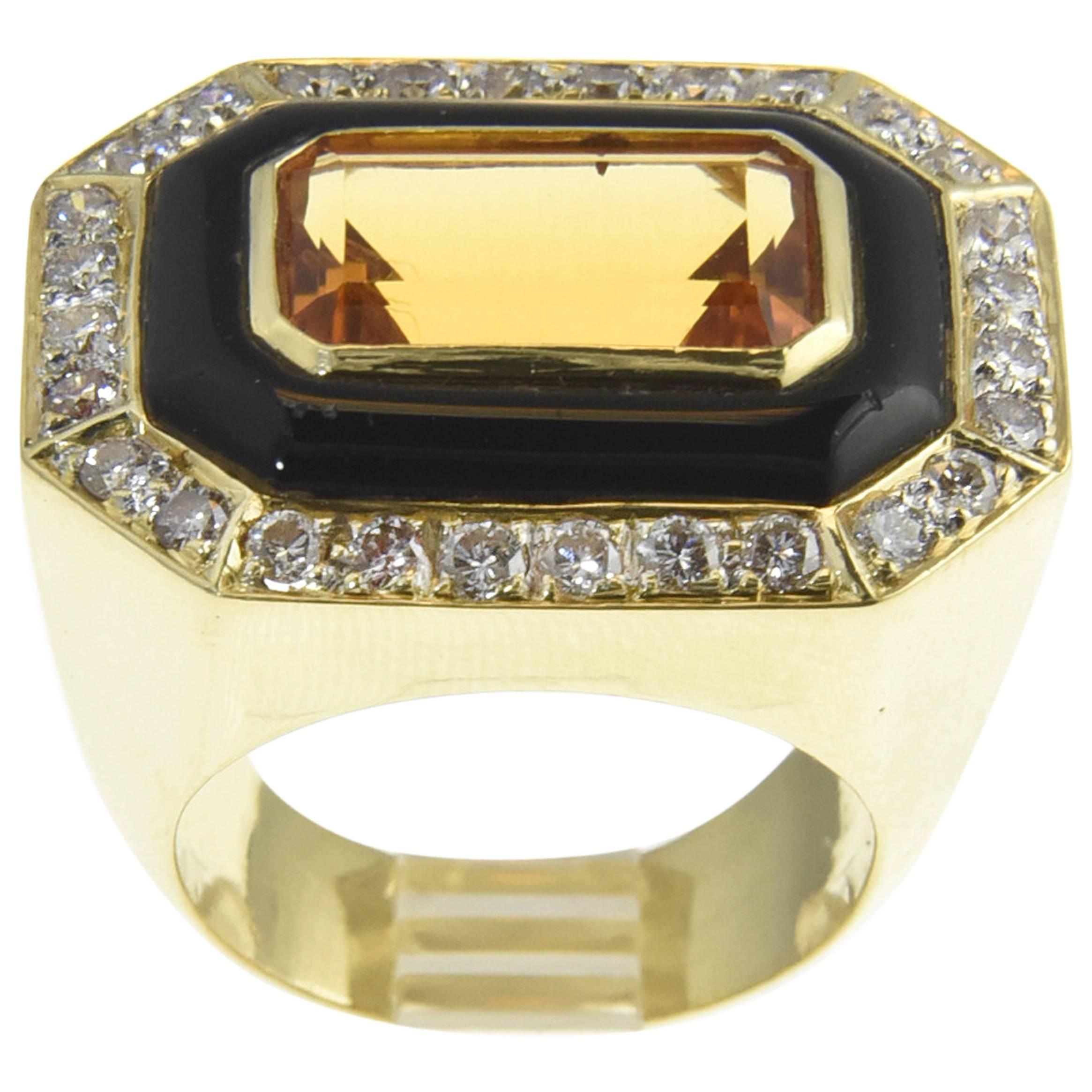Late 20th Century Geometric Citrine Onyx Diamond Gold Cocktail Ring