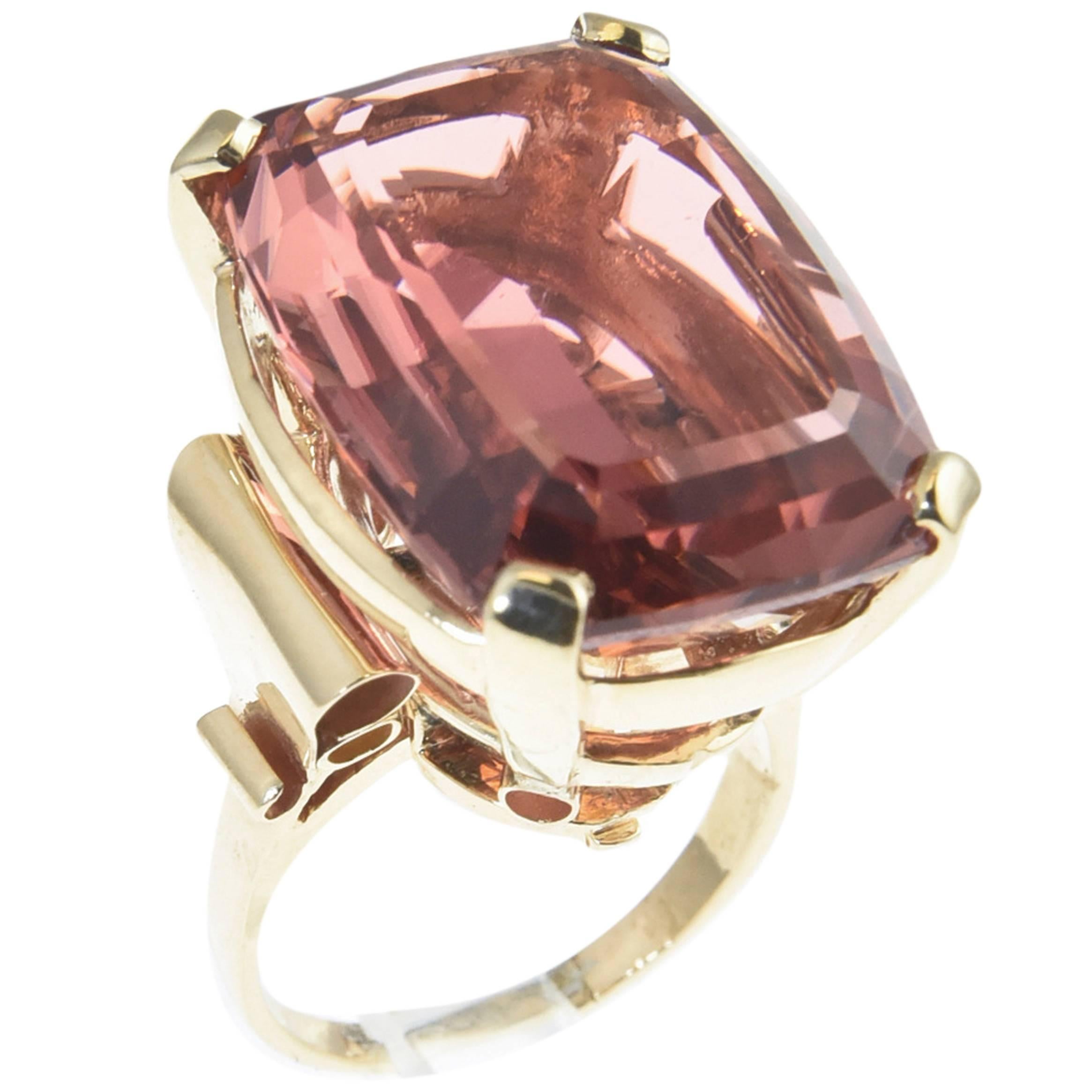 Large Rare Color Peach Pink Tourmaline Gold Cocktail Ring For Sale