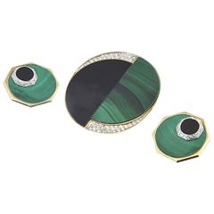 La Triomphe Malachite Onyx Diamond Gold Earrings Brooch Pendant