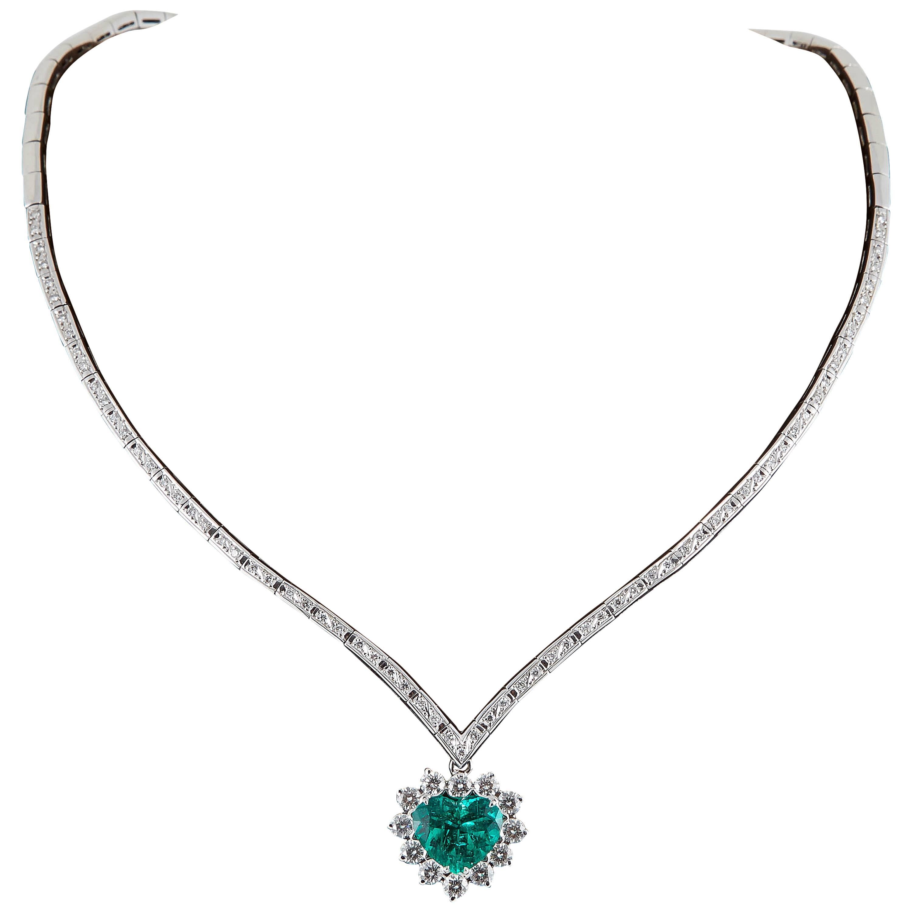 Rare AGL Certified Fine Colombian Heart Shaped Emerald Diamond Gold Necklace