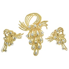 Vintage French Articulated Twisted Diamond Gold Cascade Brooch and Earrings Suite