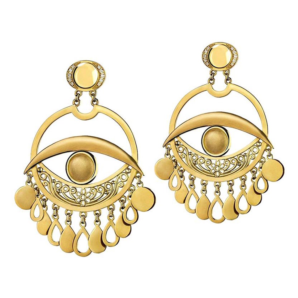 18 Karat Gold and 0.21 Carat Diamond Eye Chandelier Earrings For Sale