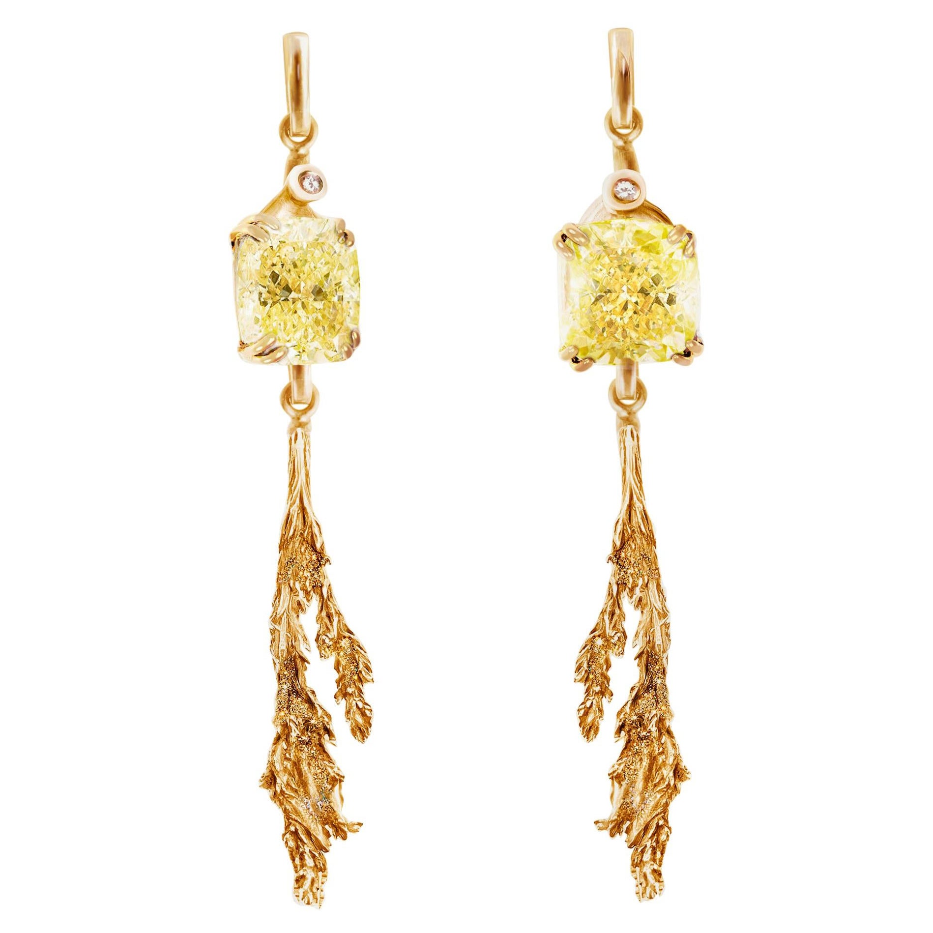 Eighteen Karat Gold Contemporary Earrings with Four Carats Yellow Diamonds
