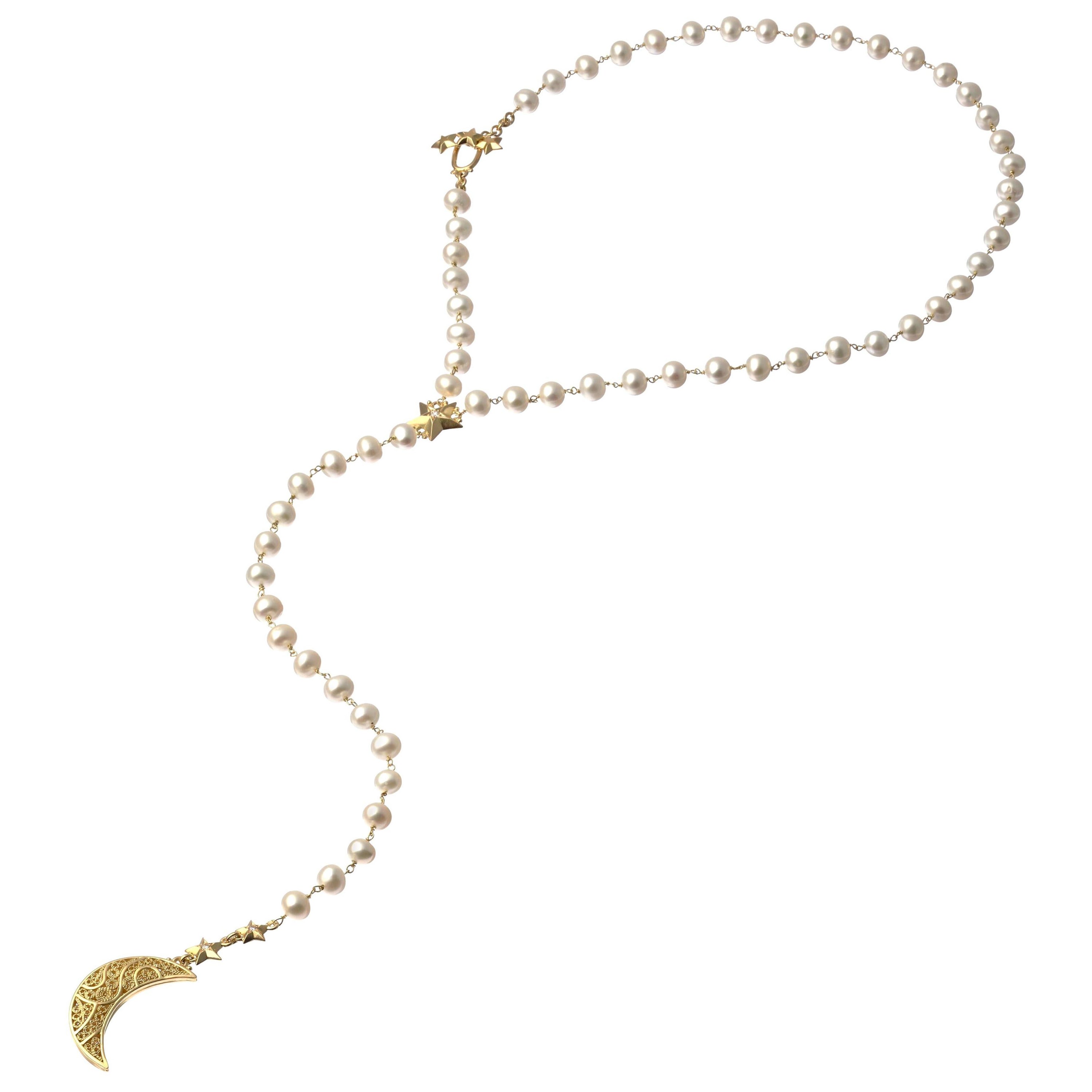 18 Karat Gold, Cultured Pearl and Diamond Crescent Moon and Stars Necklace For Sale